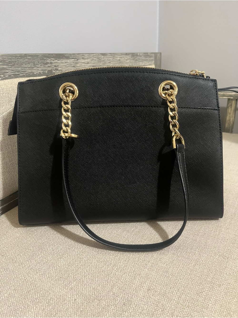 Calvin Klein Black Saffiano Chain Strap Satchel Tote Bag + Adjustable Strap - Picture 4 of 10